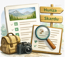 Custom travel itinerary planning icon showing Hunza and Skardu route options with checklist and travel gear.