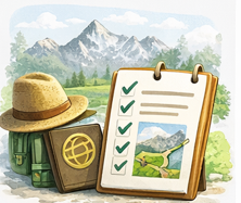 Trip confirmation and preparation icon with checklist, passport, and packing essentials for mountain travel.