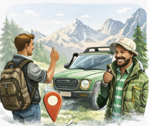 On-trip support icon showing local guide assisting traveler with vehicle in Northern Pakistan mountains.